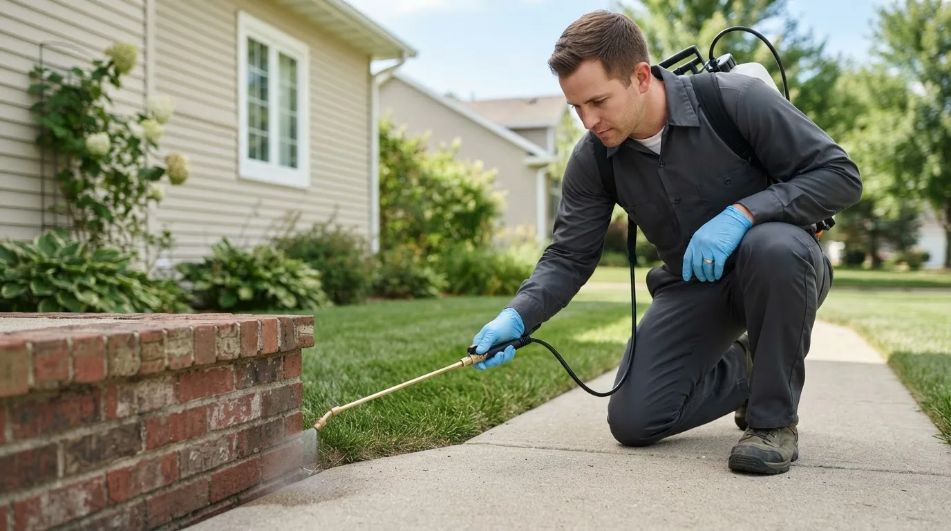 Pest control technician treating a home near Mastic Beach, NY